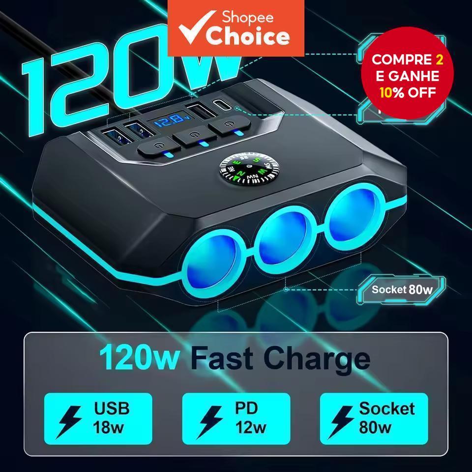 Carro 120W 12-24V Carregador De Tipo C Divisor Adaptador Auto USB PD Tomada De Energia Com Liga/Desliga LED Charuto
