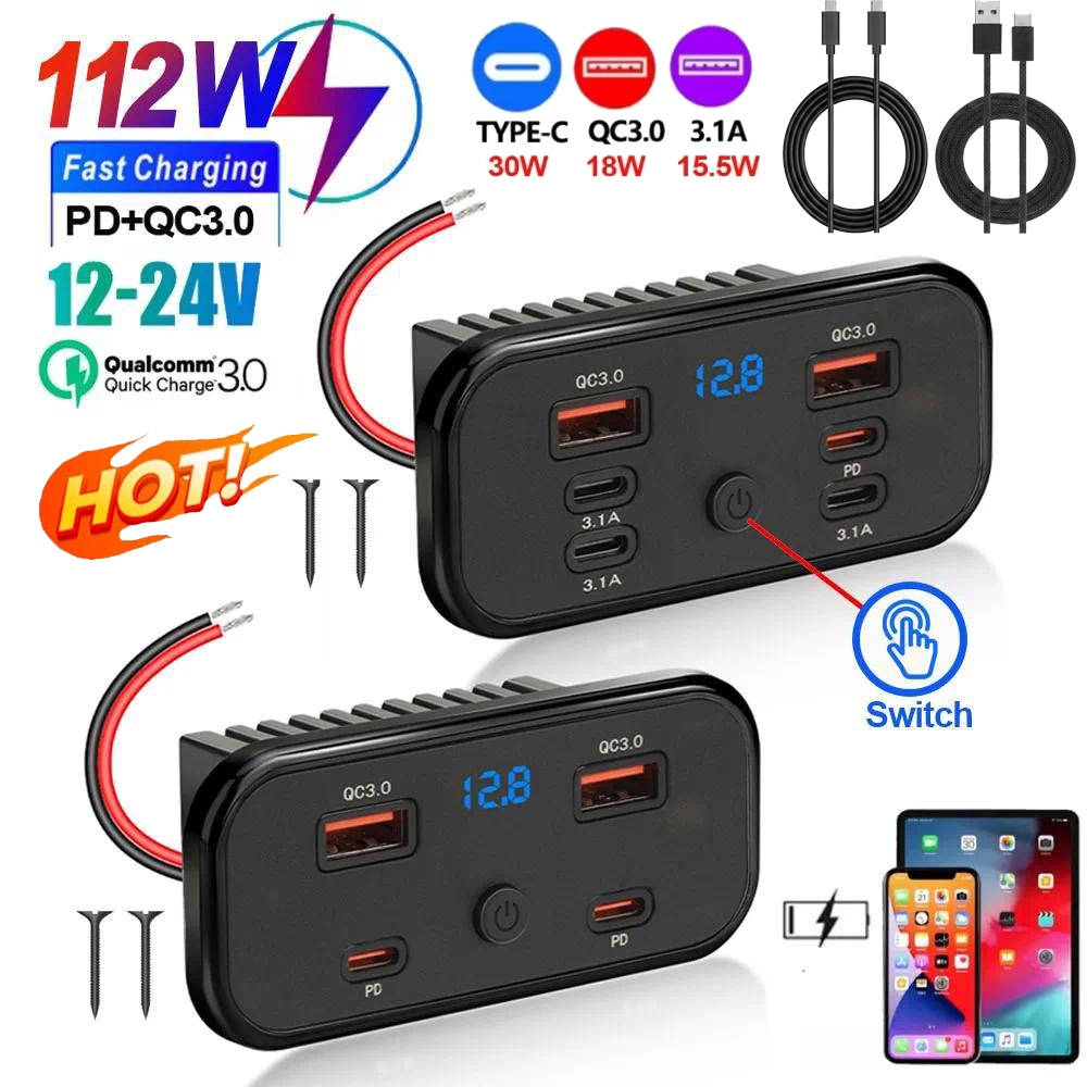 112W 6 Portas Tomada De Carregador Rápido PD + QC3.0 Tipo C Painel De Energia Com Voltímetro E Interruptor Para 12V/24V