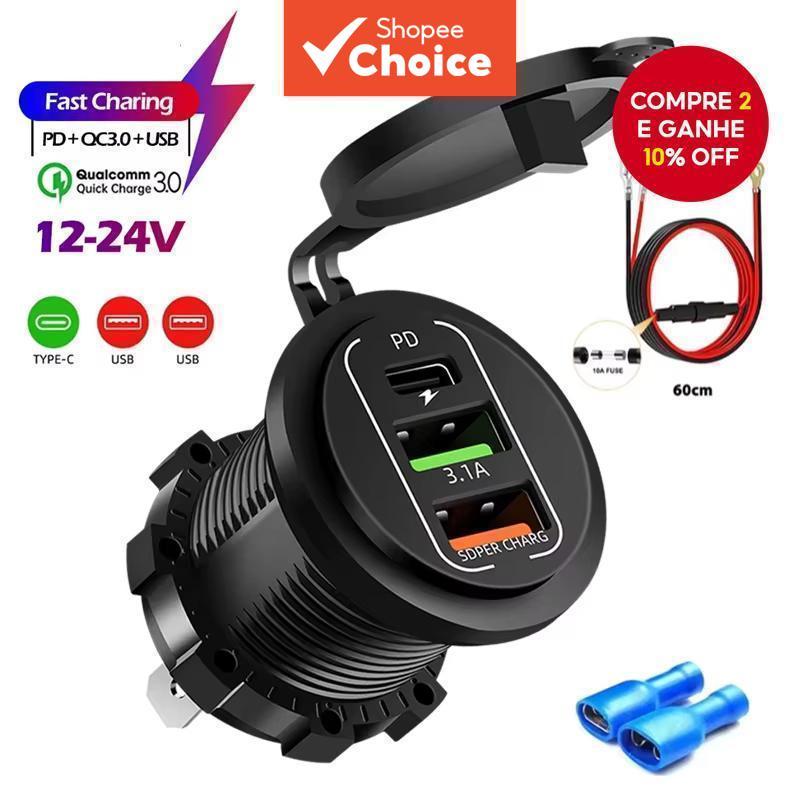 Carregador universal para motocicleta/carro 12-24V com portas USB Tipo-C duplas e uma tomada de energia à prova d'água,