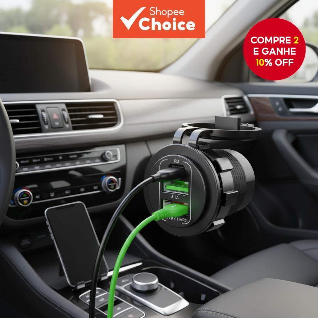 3 em 1 Carregador Auto 12-24V QC3.0 Carregamento Rápido Dupla USB PD Tomada de Energia à Prova d'Água para Carro