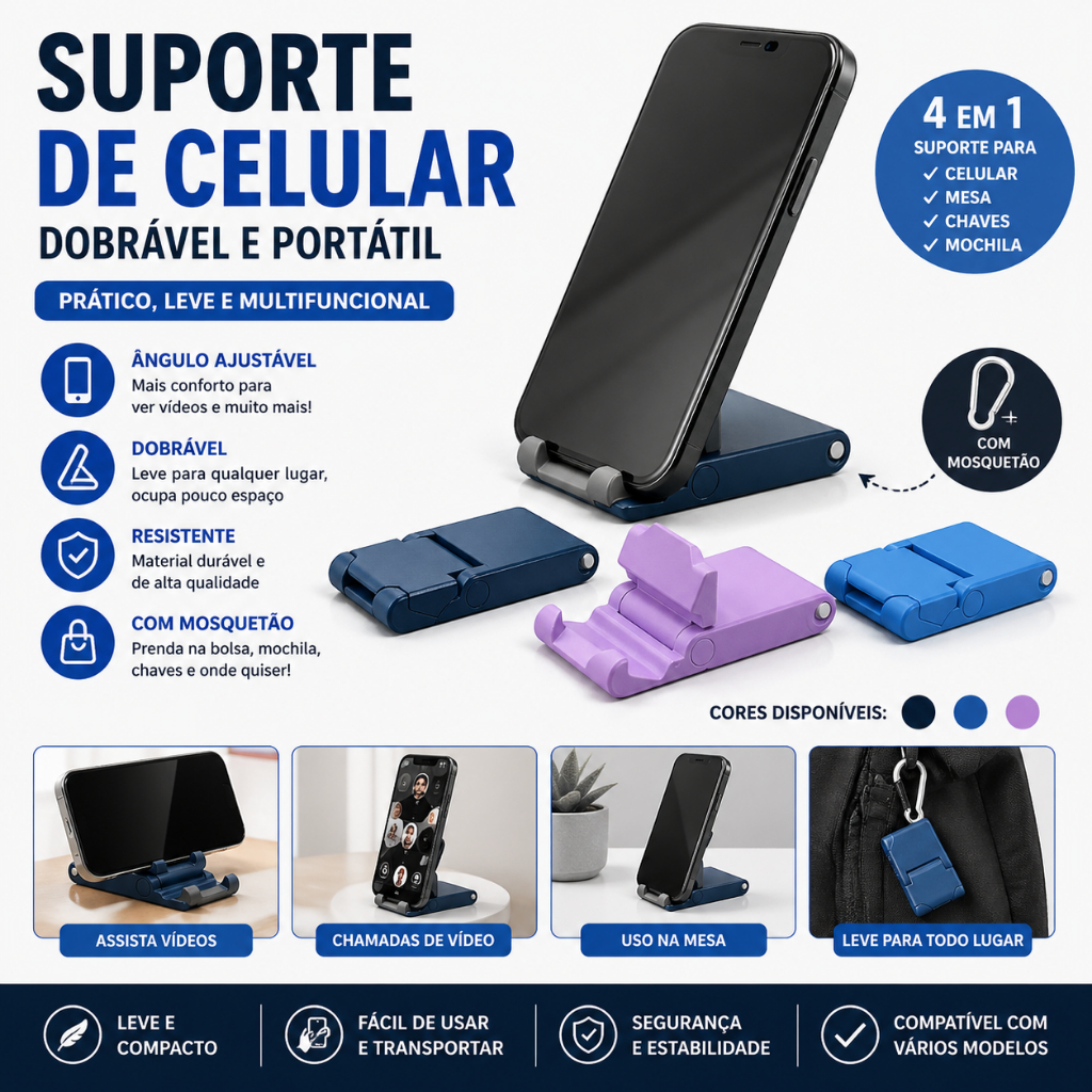 Suporte Celular Dobrável de Bolso + Mosquetão P/ Mesa e Viagem