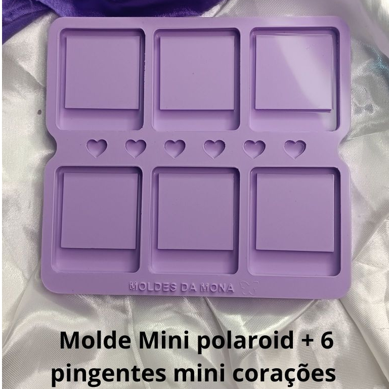 Molde silicone para resina mini Polaroid 3,5cm 6 cavidades + 6 pingente mini corações