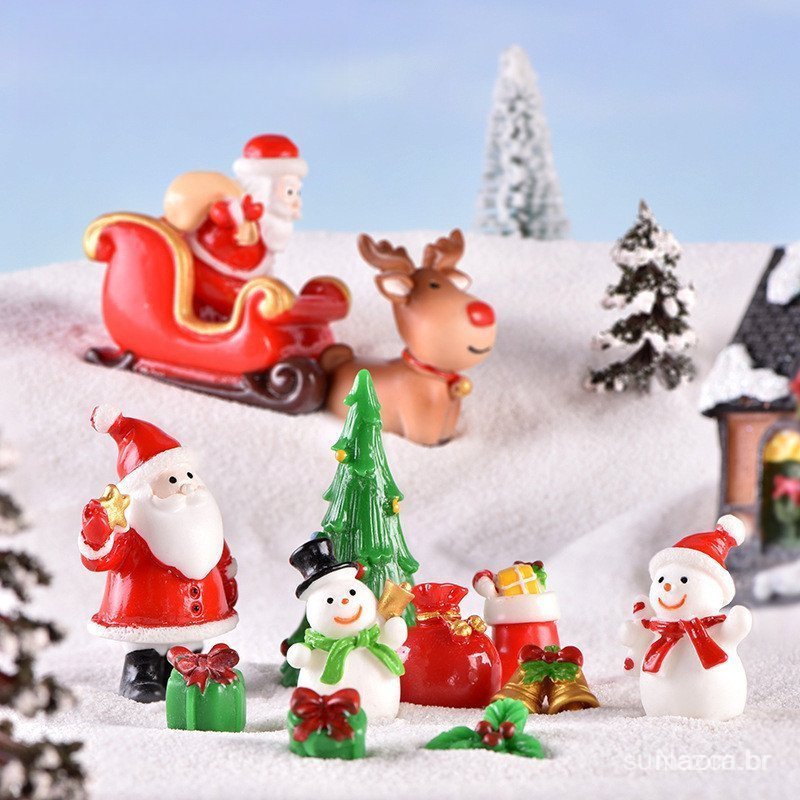 Mini Figuras de Resina de Natal, Papai Noel, Boneco de Neve e Rena de 2-5cm, Ornamentos de Paisagem Micro DIY de Natal