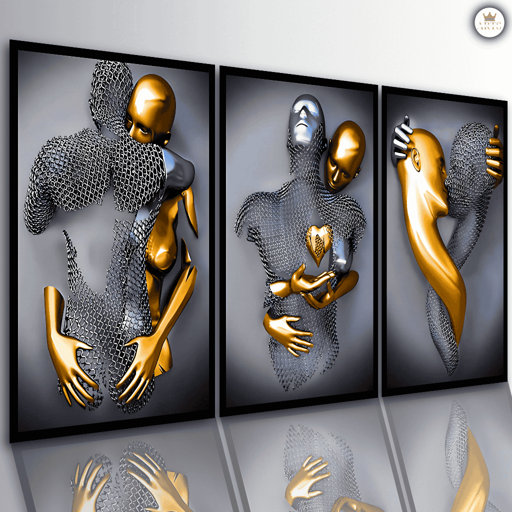 Quadros Decorativos Abstrato 3D com Efeito Metálico Arte Moderna Sala Quarto