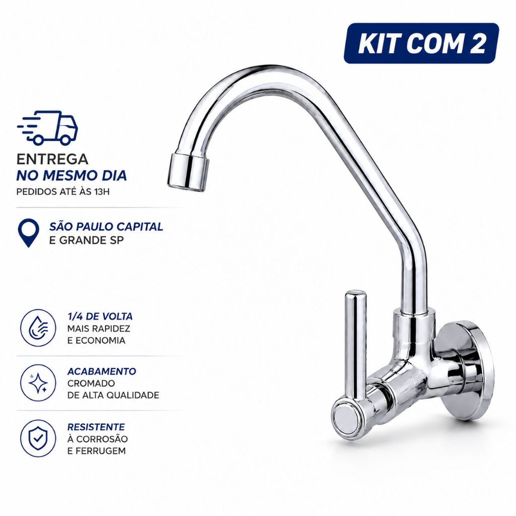 Torneiras Gourmet Cozinha Parede Metal Cromado Bica Móvel 1/4 Volta Luxo | 2 Unidades