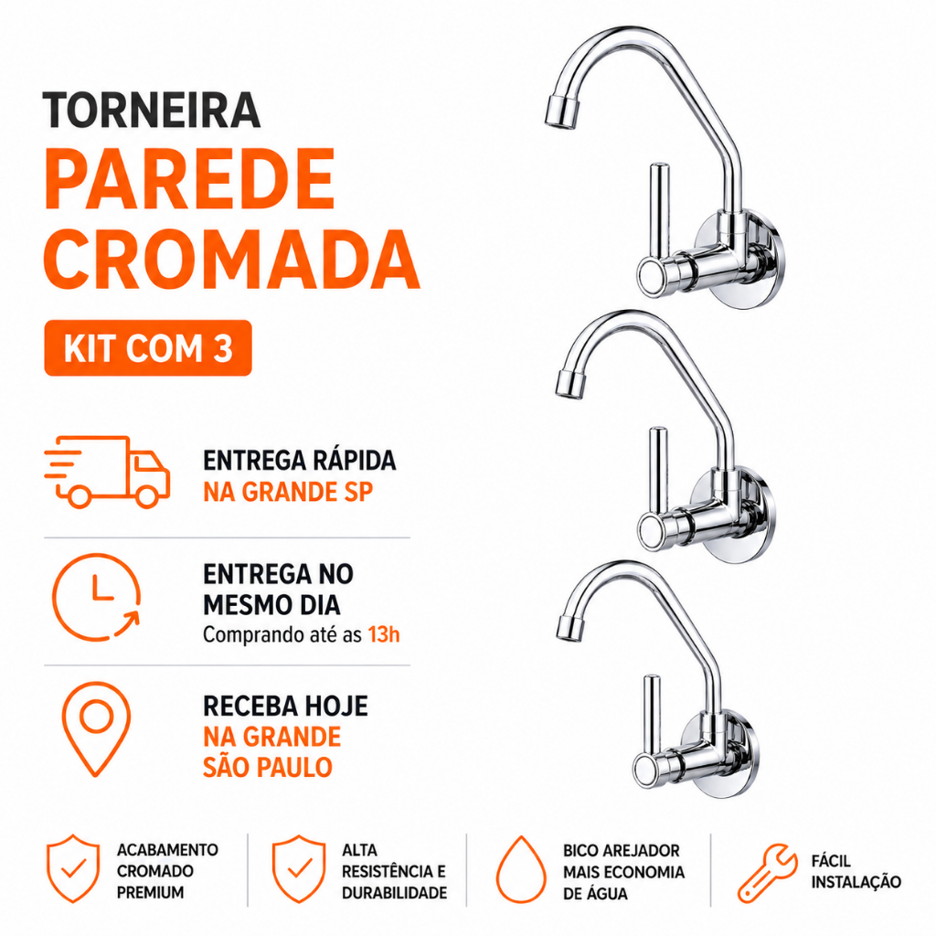Torneira Gourmet Cozinha Parede Metal Cromado Premium | Bica Móvel 1/4 Volta Luxo | Entrega HOJE | Kit 3 Unidades