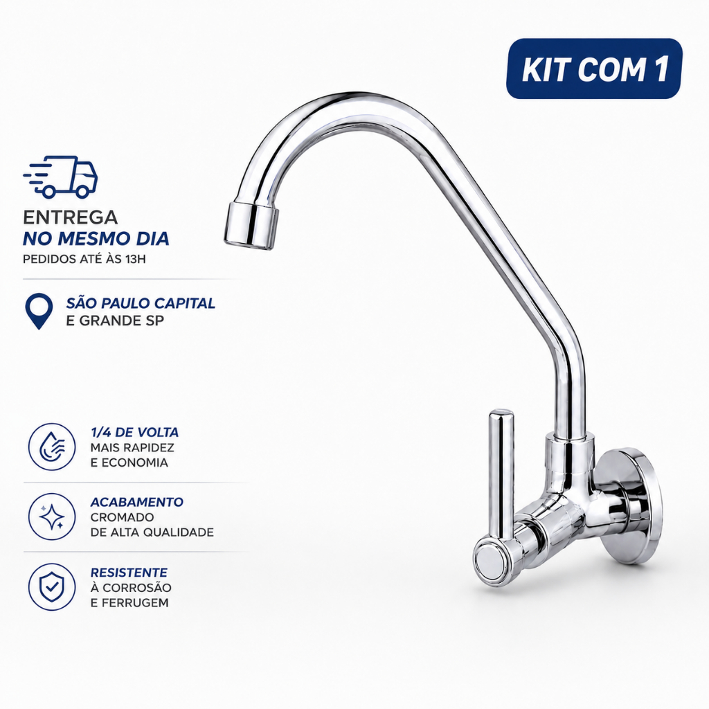 Torneiras Gourmet Cozinha Parede Metal Cromado Bica Móvel 1/4 Volta Luxo | 1 Unidade