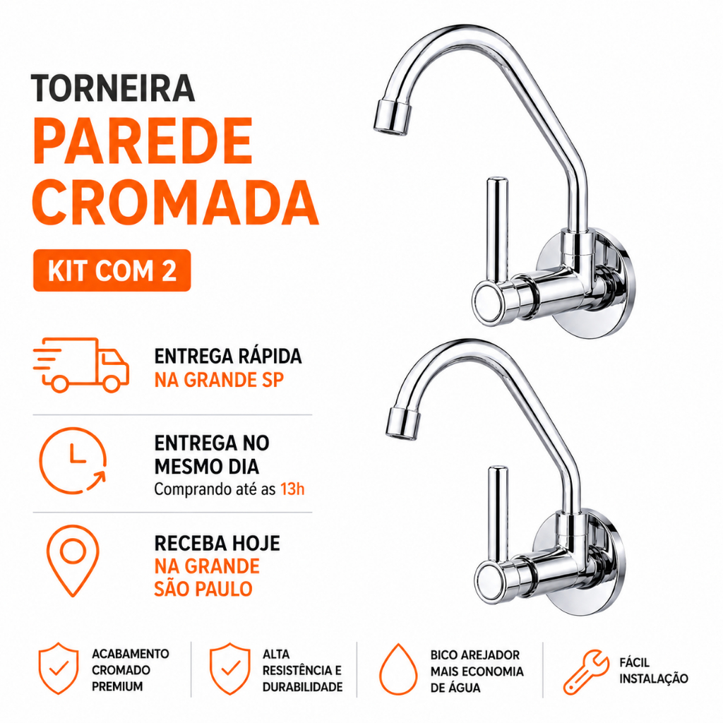 Torneira Gourmet Cozinha Parede Metal Cromado Premium | Bica Móvel 1/4 Volta Luxo | Entrega HOJE | Kit 2 Unidades