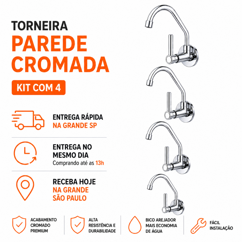 Torneira Gourmet Cozinha Parede Metal Cromado Premium | Bica Móvel 1/4 Volta Luxo | Entrega HOJE | Kit 4 Unidades