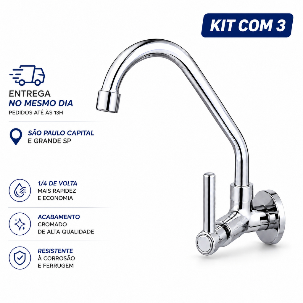 Torneiras Gourmet Cozinha Parede Metal Cromado Bica Móvel 1/4 Volta Luxo | 3 Unidades
