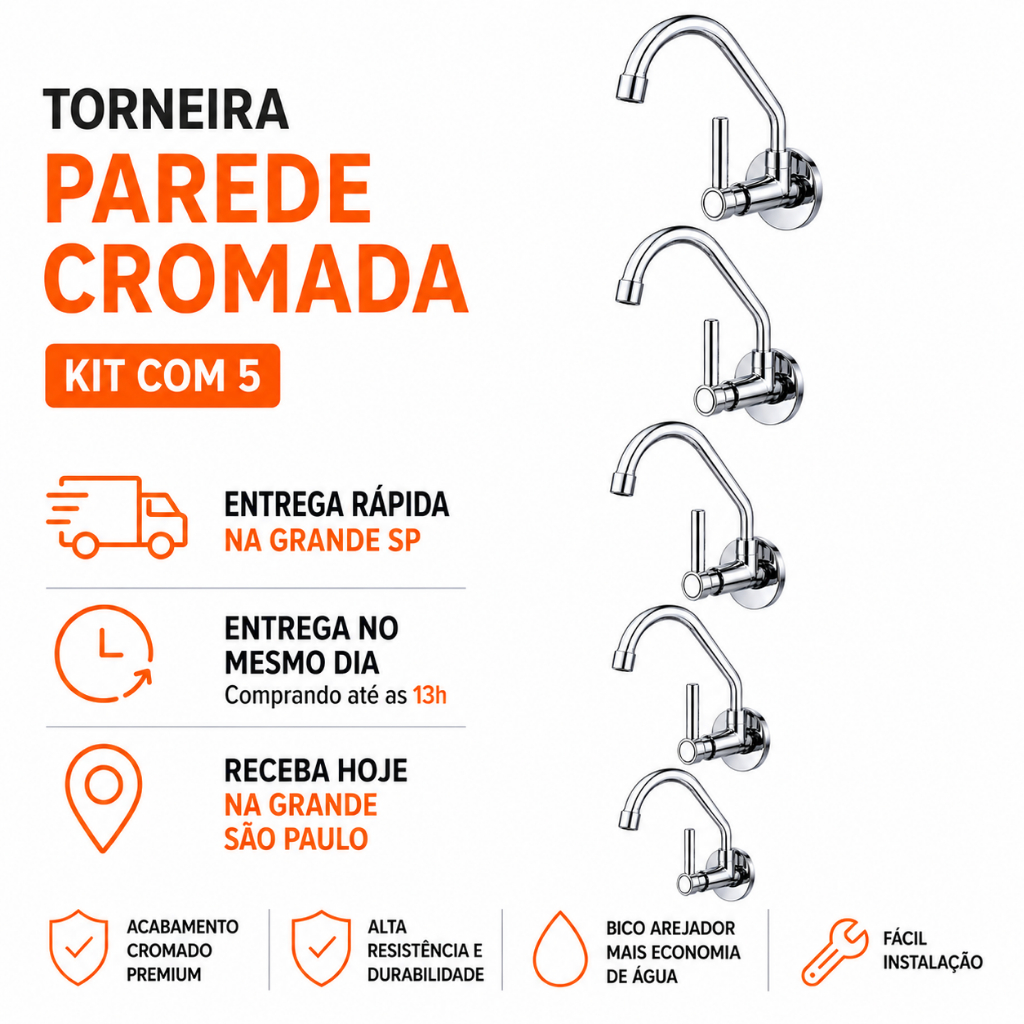 Torneira Gourmet Cozinha Parede Metal Cromado Premium | Bica Móvel 1/4 Volta Luxo | Entrega HOJE | Kit 5 Unidades