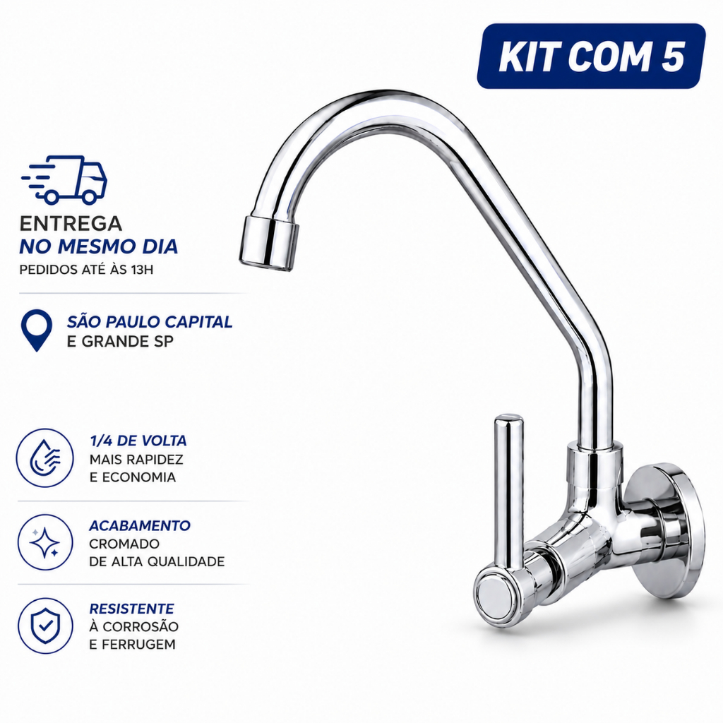 Torneiras Gourmet Cozinha Parede Metal Cromado Bica Móvel 1/4 Volta Luxo | 5 Unidades