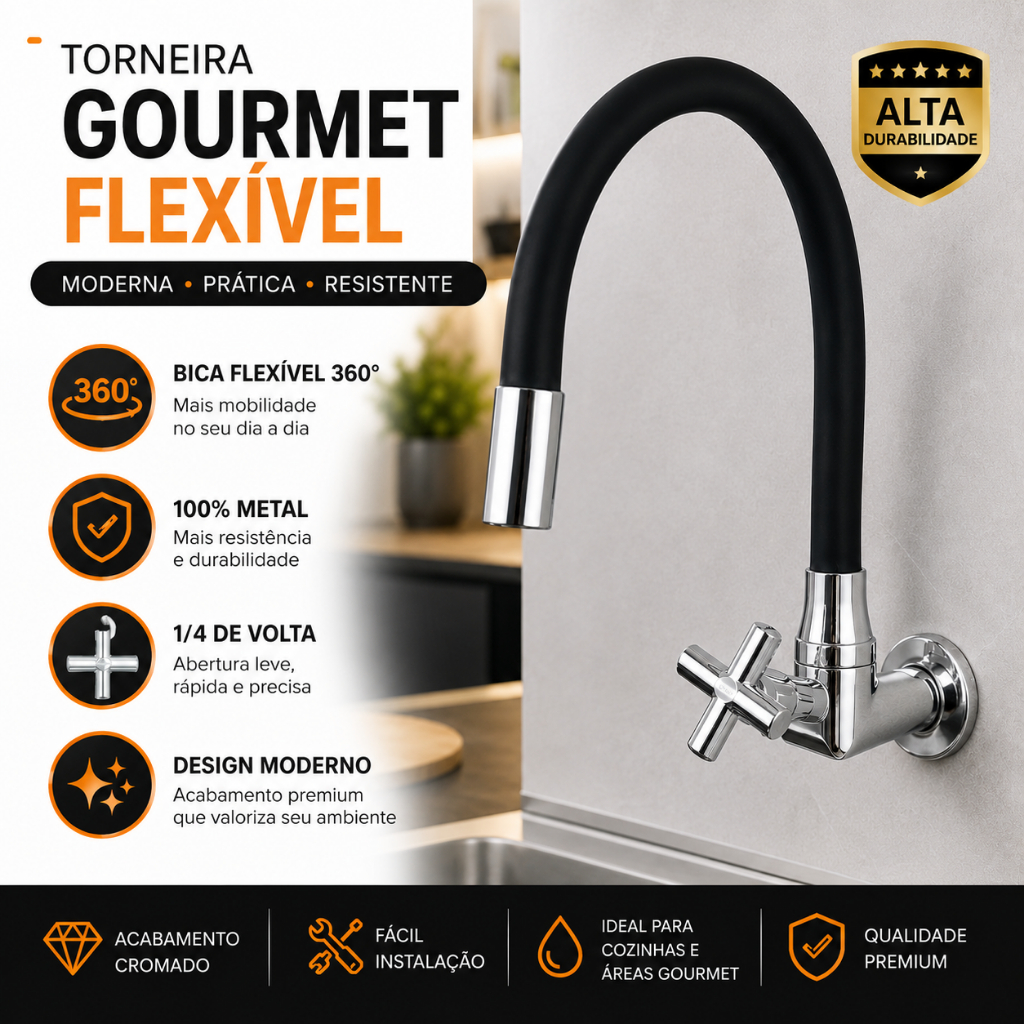 Torneira Gourmet Flexível 360° Parede Cozinha Luxo Cromada 1/4 Volta Premium