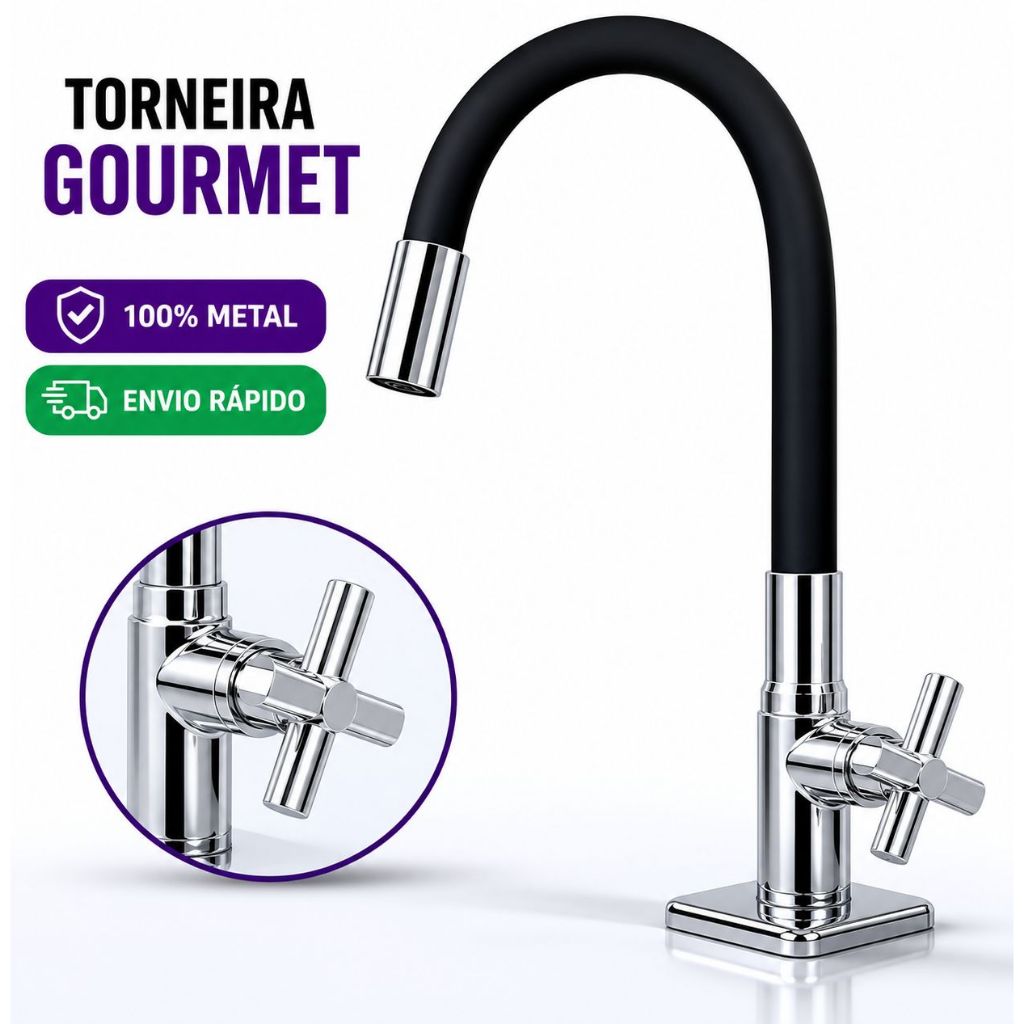 Torneira Gourmet Flexível 360° Metal Preta Luxo Bancada Cozinha Premium 1/4 Volta