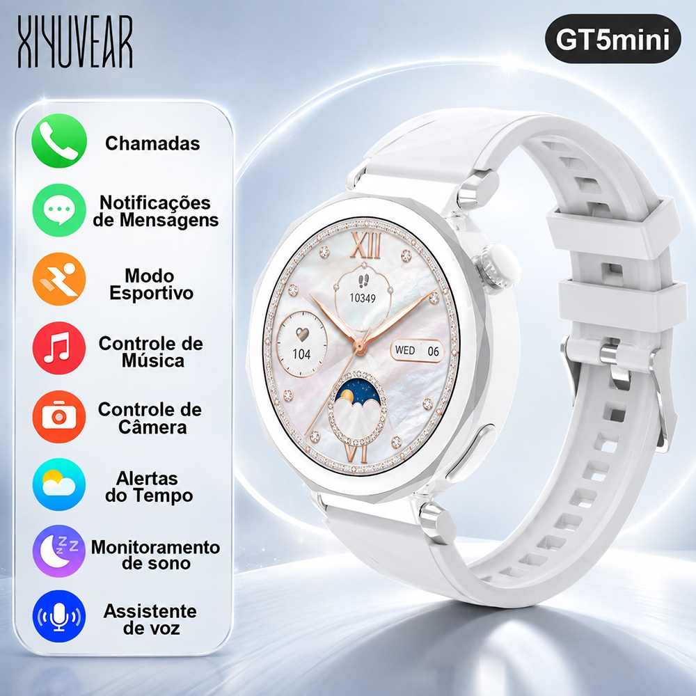 Smartwatch GT5 Mini Prata com Chamadas Bluetooth, Notificações, Música, Sono e Monitoramento Diário