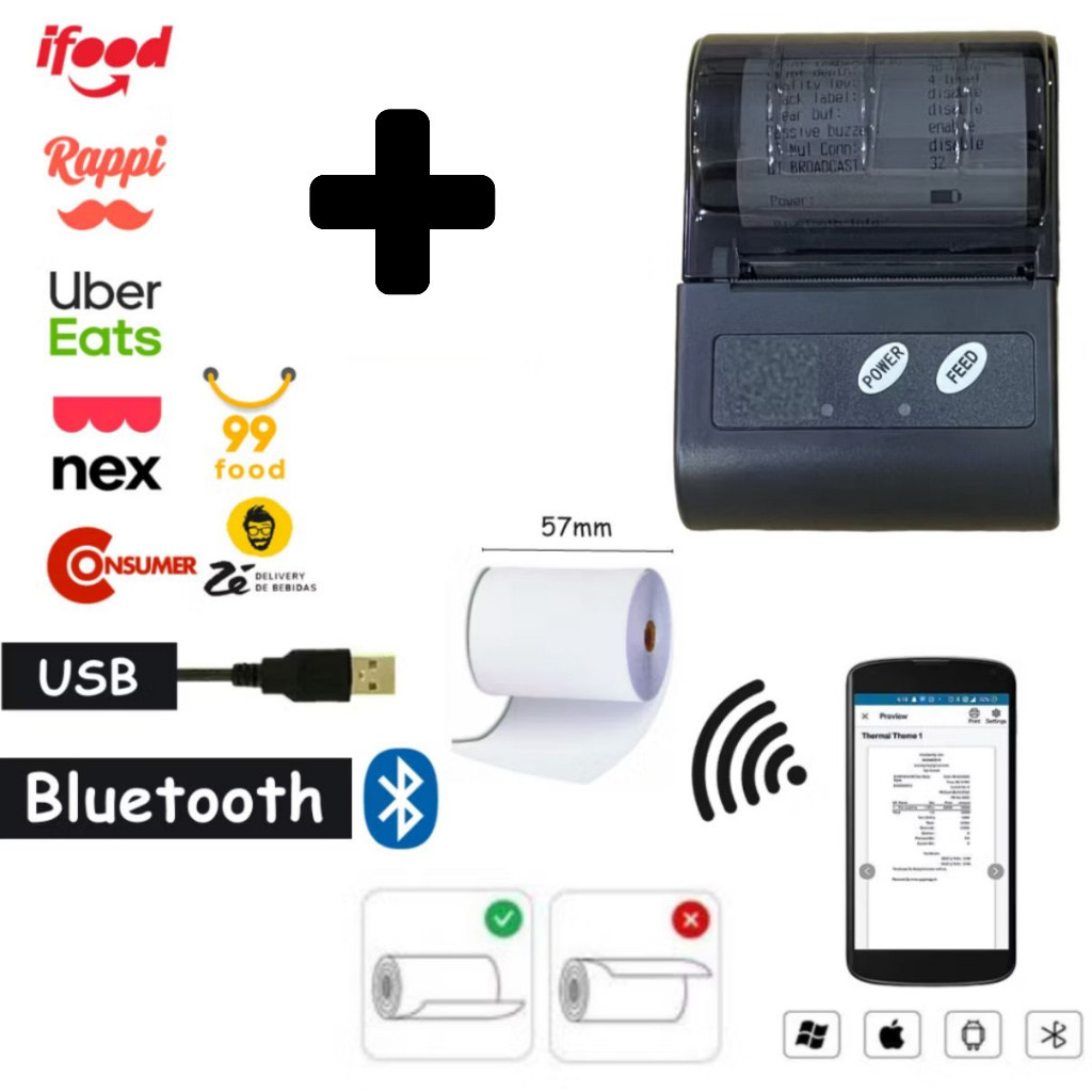 58mm Mini Impressora Térmica Bluetooth Cupom Pedido Ifood Qr Code Adequado para android E IOS, Microsoft Windows