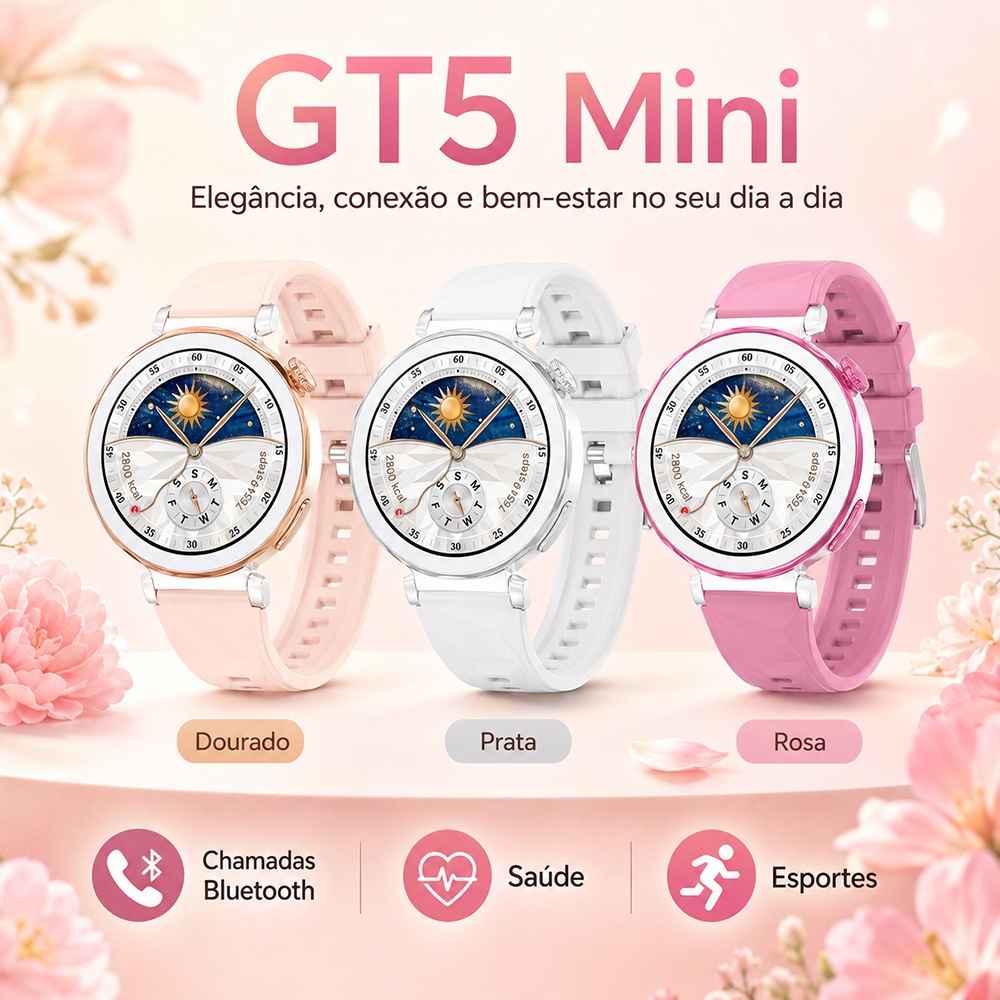 Smartwatch GT5 Mini Feminino com Chamadas Bluetooth, Notificações, Monitoramento de Saúde e Sono