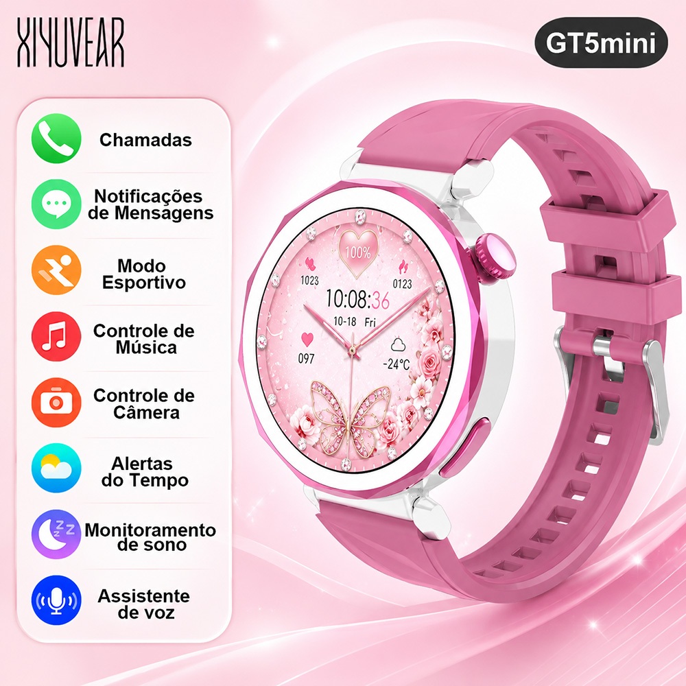 Smartwatch GT5 Mini Rosa Feminino com Chamadas Bluetooth, Saúde, Sono, Câmera Remota e Música
