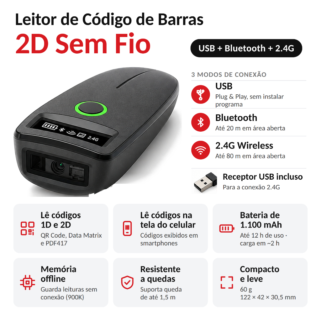 Scanner Código de Barras 2D Mini Sem Fio Bluetooth 2.4G 1D 2D QR Code PDF417 Com Armazenamento Lê Celular