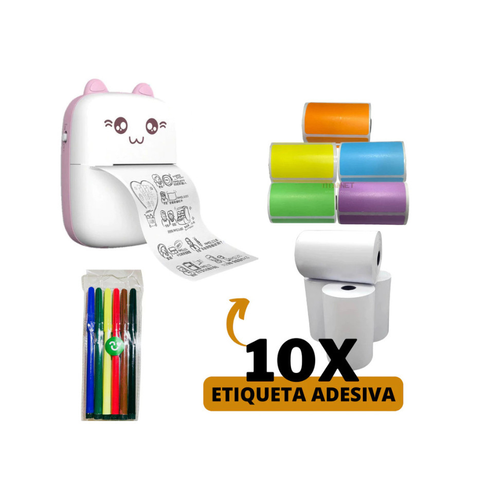 Mini Impressora Térmica Portátil Bluetooth Sem Fio 200DPI Preto e Branco p/ Fotos, Etiquetas, Notas, QR Code, App iPrint