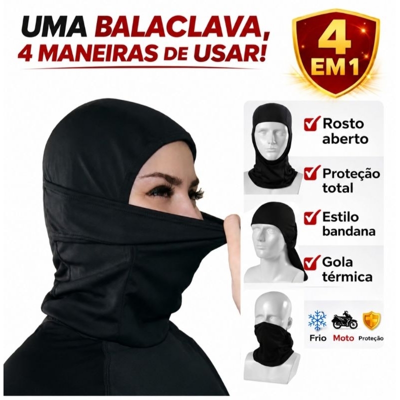 Touca Ninja Balaclava 4 em 1 Articulada Térmica Resistente Vento Frio Poeira Motoqueiro moto Preto Motoboy Ciclismo