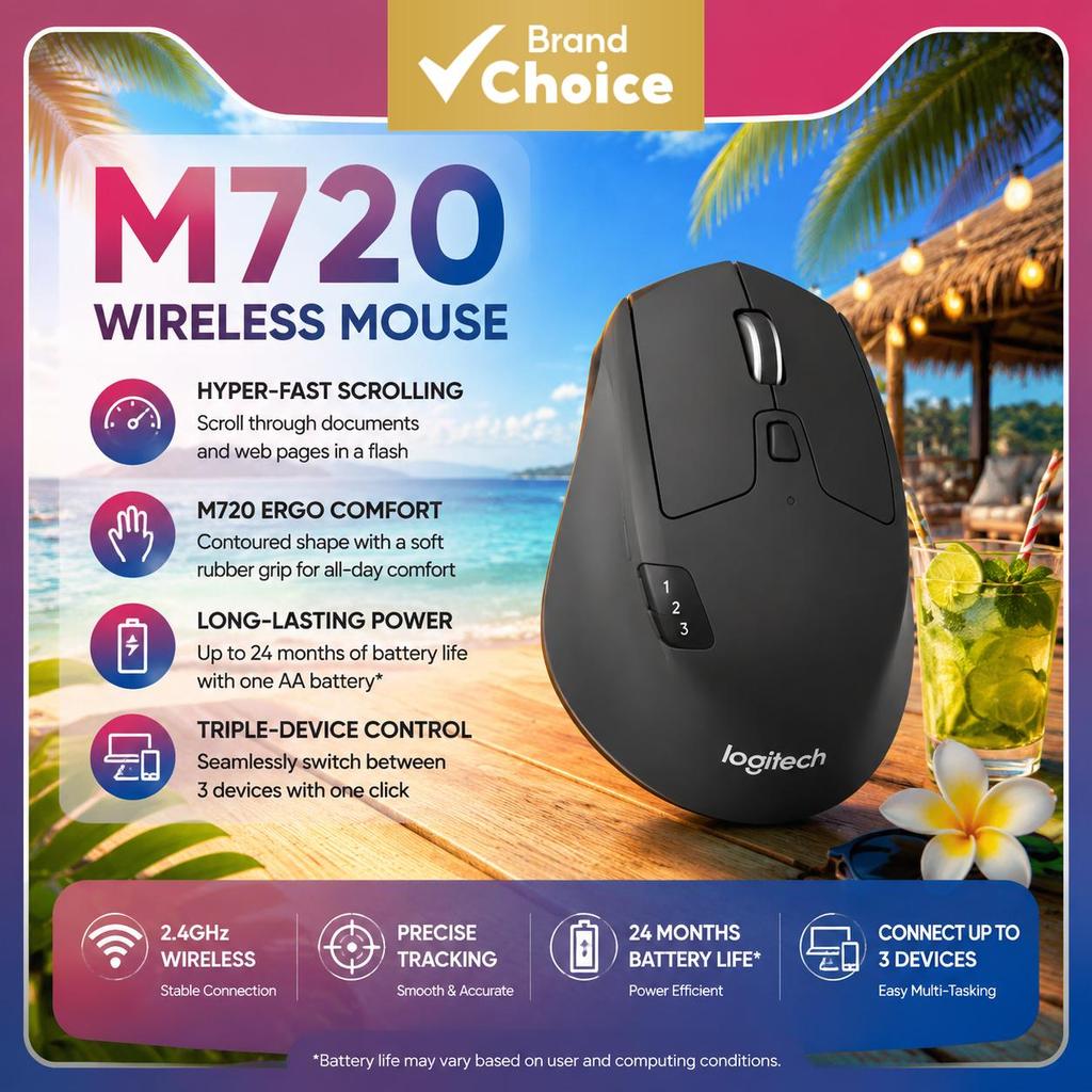 Logitech M720 Mouse Sem Fio Bluetooth, Compatível com Múltiplos Dispositivos, Controle Ergonômico e Preciso, 1000DPI,