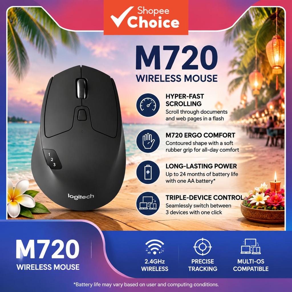 Logitech M720 Mouse Wireless Bluetooth Recarregável Ergonômico Multi-Dispositivo 2.4G Receptor para Laptop e PC