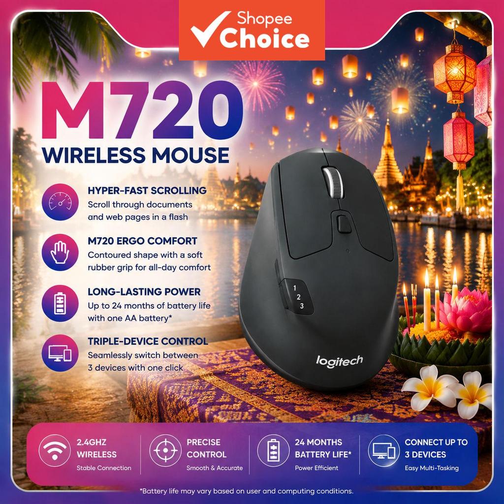Logitech M720 Mouse Sem Fio Bluetooth, Conexão Multi-Dispositivos, Clique Silencioso, Design Ergonômico com Receptor