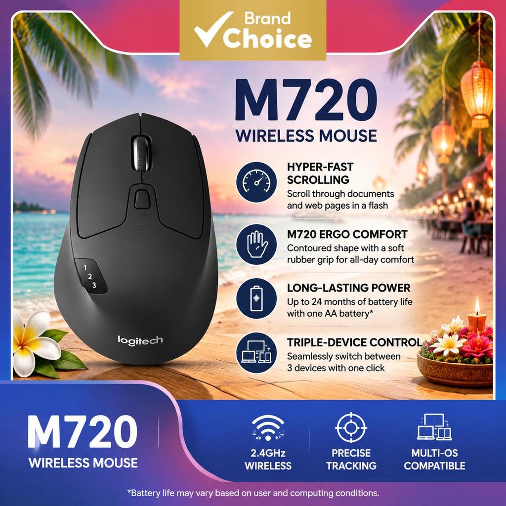 Logitech M720 Mouse Sem Fio Bluetooth Recarregável Ergonômico Multi-Dispositivo Receptor 2.4G para Laptop PC Escritório