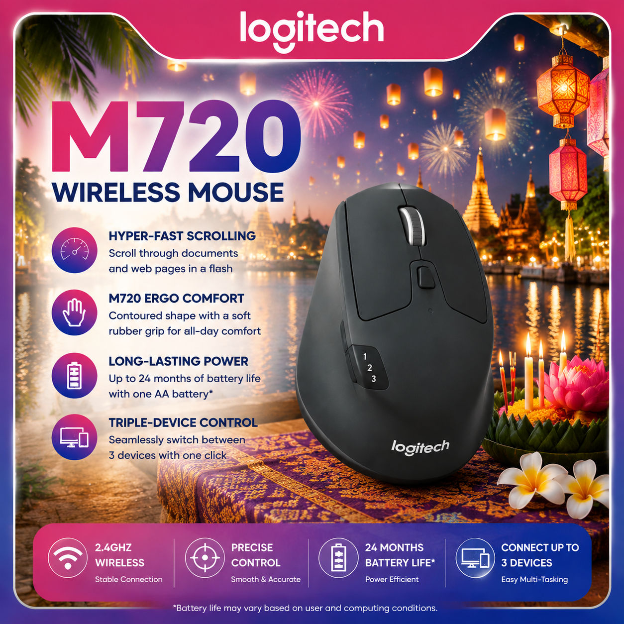Logitech M720 Mouse Sem Fio Bluetooth, Multi-Device, Clique Silencioso, Design Ergonômico com Receptor 2.4G para Laptop
