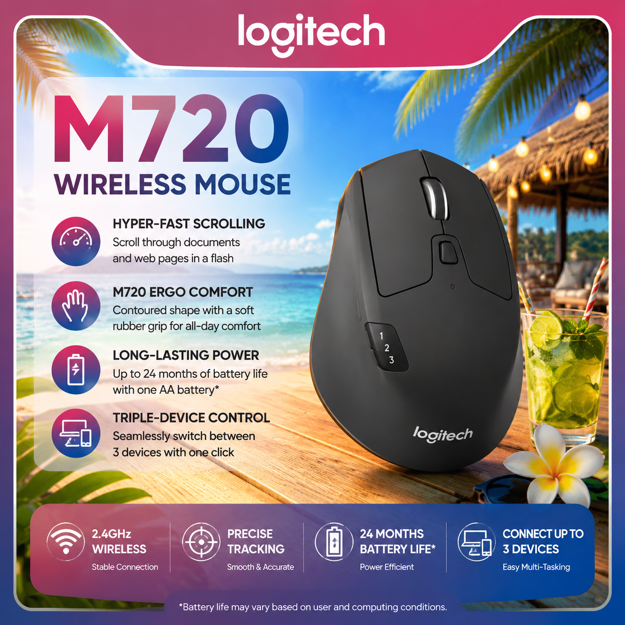 Logitech M720 Mouse Wireless Bluetooth Multi-Dispositivo Ergonômico Controle Preciso 1000DPI Receptor 2.4G Laptop PC