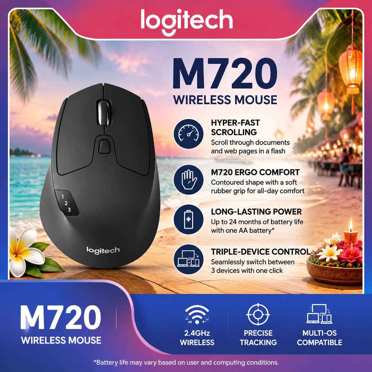 Mouse Logitech M720 sem Fio Bluetooth Recarregável Ergonômico Multi-Dispositivo com Receptor 2.4G para Laptop e PC