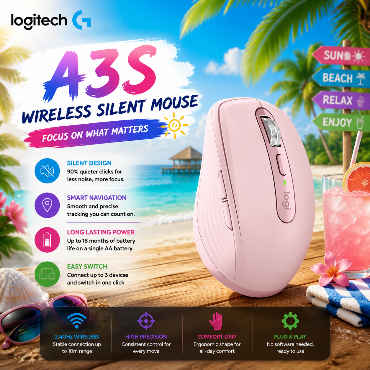 Logitech MX Anywhere 3 Mouse Bluetooth sem fio, recarregável, mouse ergonômico de precisão para múltiplos dispositivos,