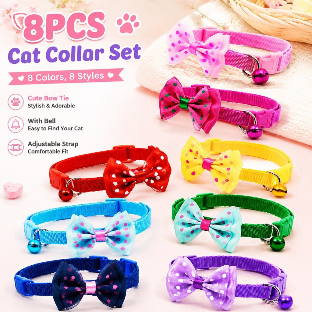 Coleira De Gato Com Sino 8 Peças Conjunto Gravata Borboleta Ajustável Gatinho Fofa Para Gatos Pequenos Animais De Estima