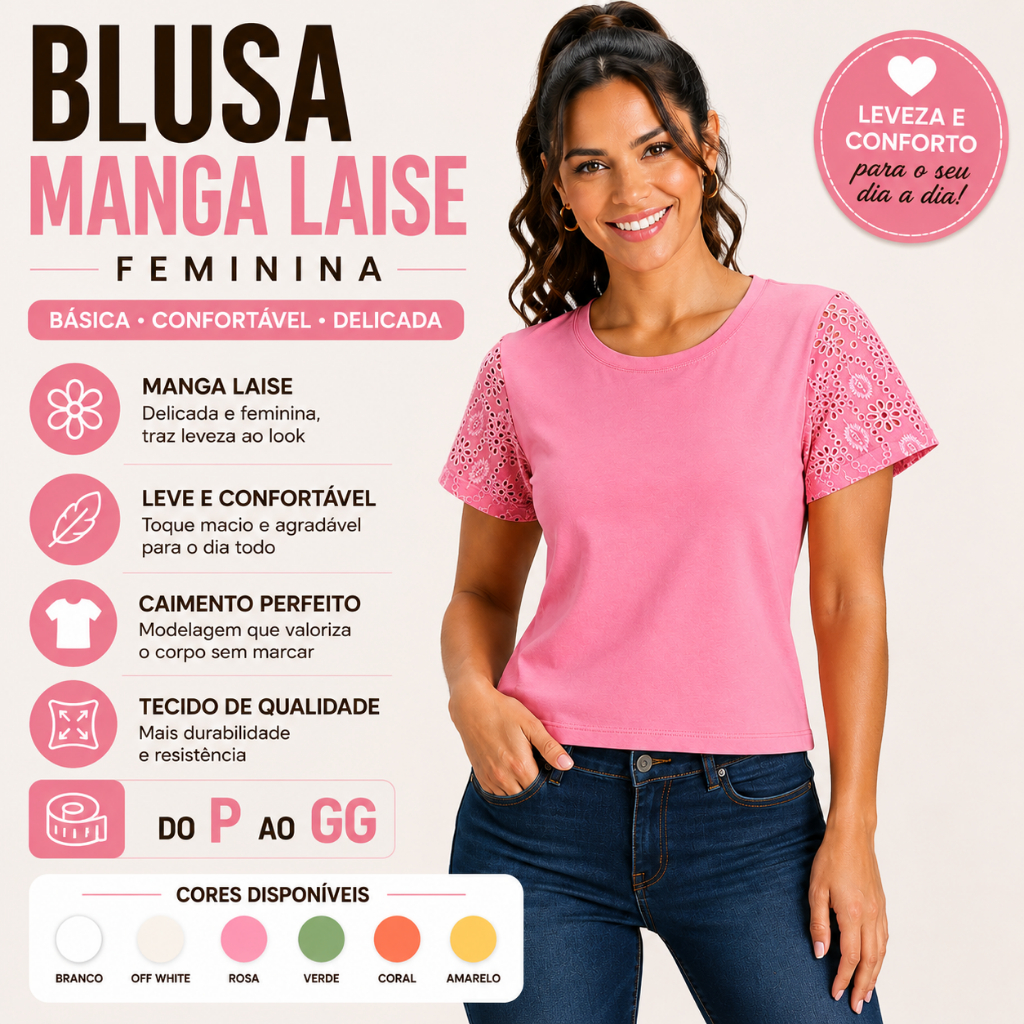 Blusa Feminina Algodão Manga Laise Bordado  Romântico Elegante Leve Confortável Casual 25635-C2
