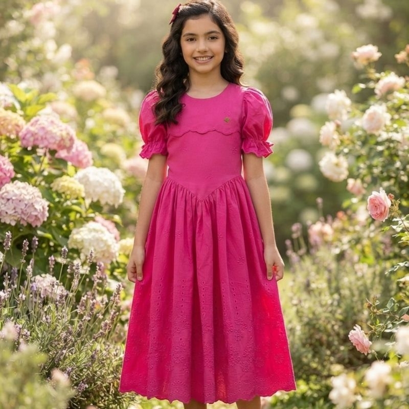 Vestido rosa pink laise barrada 3D, infantojuvenil ,elegante, luxuoso. Laço de cabelo de presente.  Tamanhos : 1 ao 16