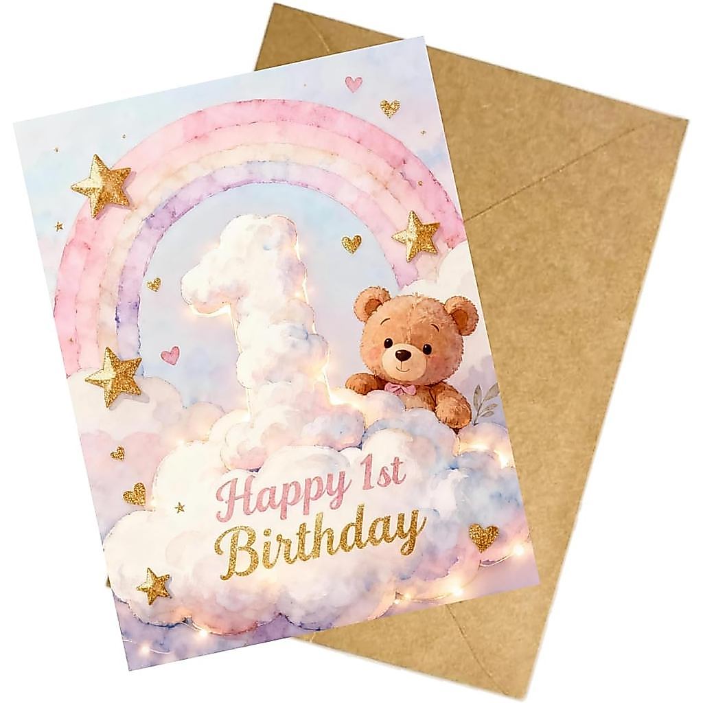 1 Year Old Birthday Gifts-Cute little bear and rainbow 1st Birthday Card Girl for Daughter Niece or Granddaughter – Baby