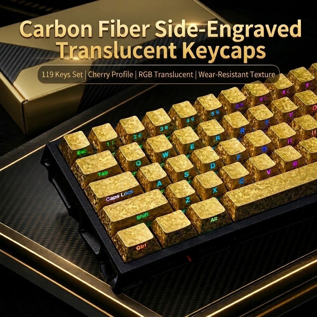119 Teclas De Luxo Ouro Metálico Fibra Carbono Keycaps Cereja Perfil Lado-Gravado RGB Translúcido Keycap Conjunto Para T