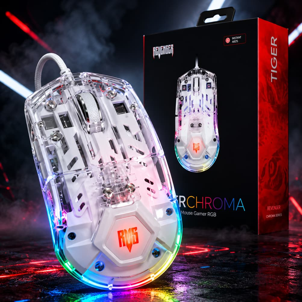 Mouse Gamer Transparente Translúcido RGB Chroma Tiger Original Revenger 12000 DPI Com Fio PC Computador MO-TGR004