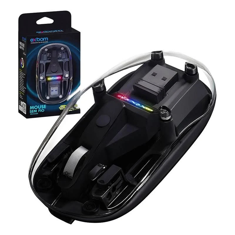 Mouse Sem Fio Recarregável Translucido RGB Dual Mode Wireless 2.4g Bluetooth Exbom MS-S350T