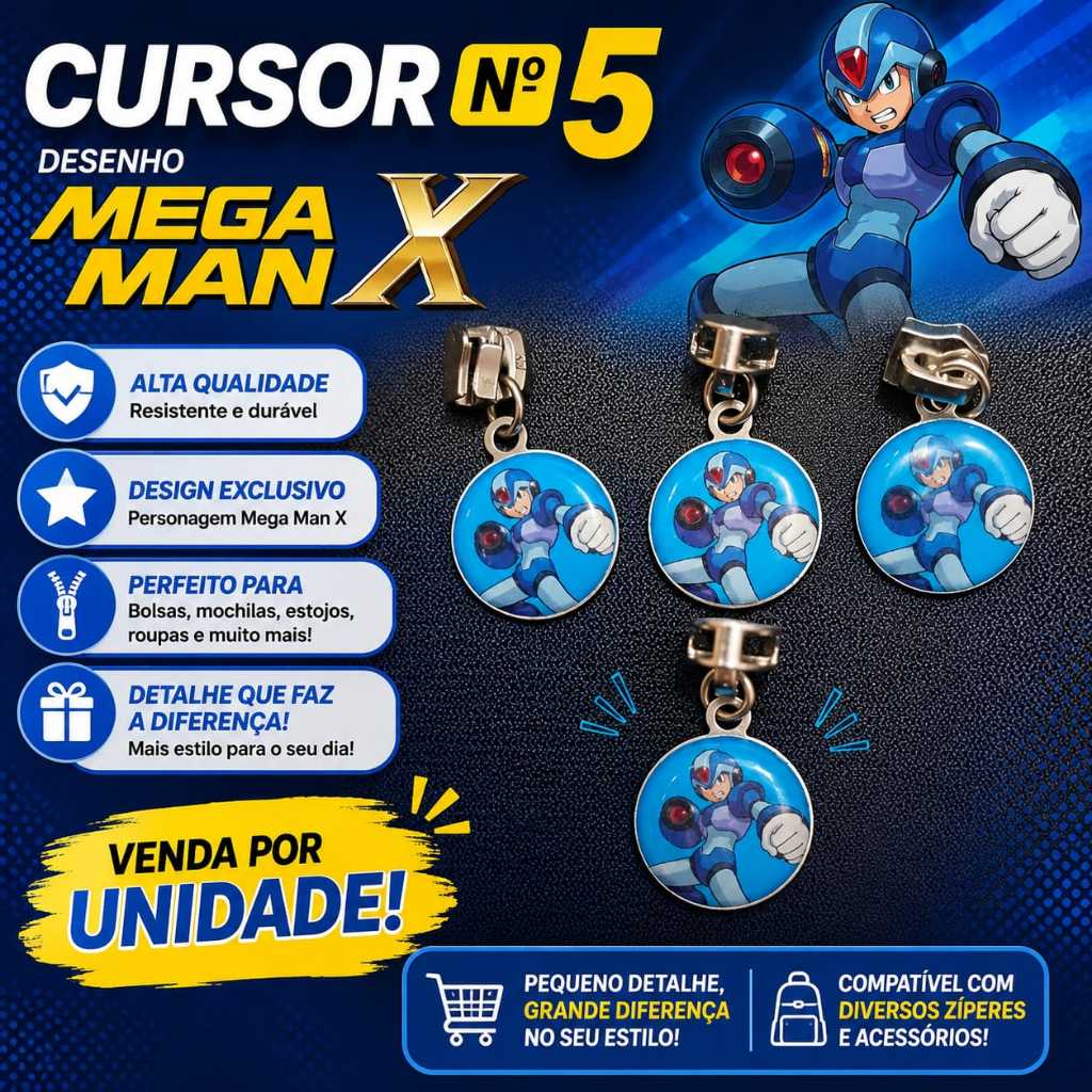 Cursor Mega Man X n* 5 / para zíper de bolsas, carteiras, mochilas, nécessaires . PARA DIVERSAS POSSIBILIDADES.