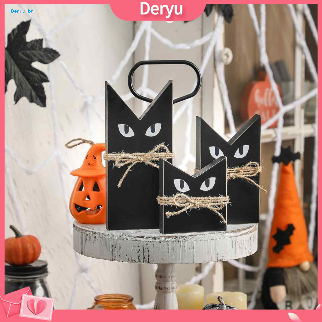 Black Cat Table Decor Spooky Home Accents 3 Pcs Halloween Wooden Block Signs Rustic Farmhouse Decorations with Burlap Ro
