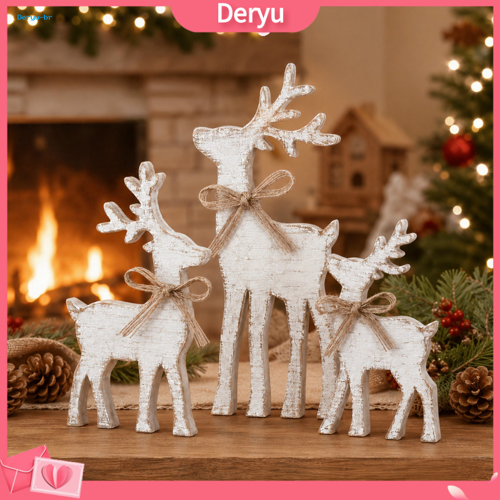 Festive Table Signs Christmas Elk Tabletop Decor 3pcs Wooden Rustic Reindeer Family Decorations with Jute Bow Xmas Holid