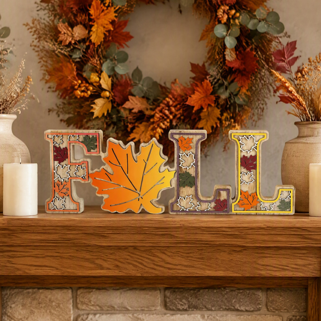 Autumn Table Decorations Wooden Fall Signs for Home 4pcs Tabletop Maple Leaf Rustic Harvest Decor for Tiered Tray Firepl