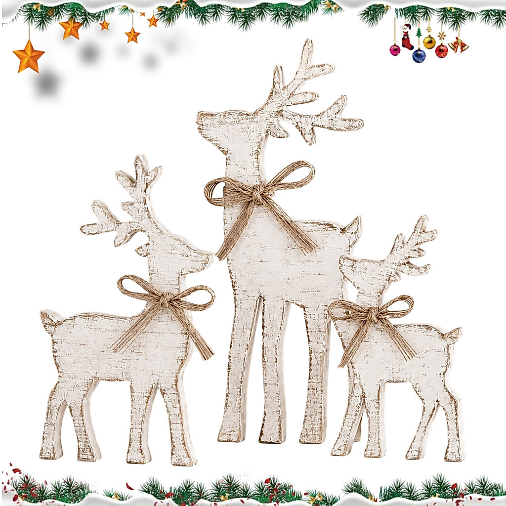 Christmas Elk Tabletop Decor Decorative Sign 3pcs Wooden Table Signs Rustic Reindeer Family Decorations with Jute Bow Fe