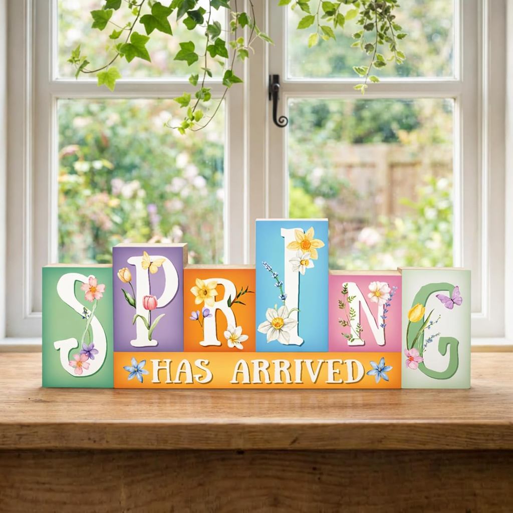 Spring Decorations, Wooden Spring Table Decorations, Freestanding Spring Tabletop Decor, Floral Table Sign for Shelf Man