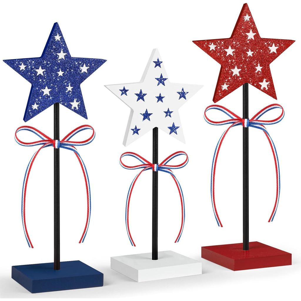 3 PCS 4th of July Table Decorations Wooden Star Set, Rustic Memorial Day Table Decor, Red White and Blue Decorations for