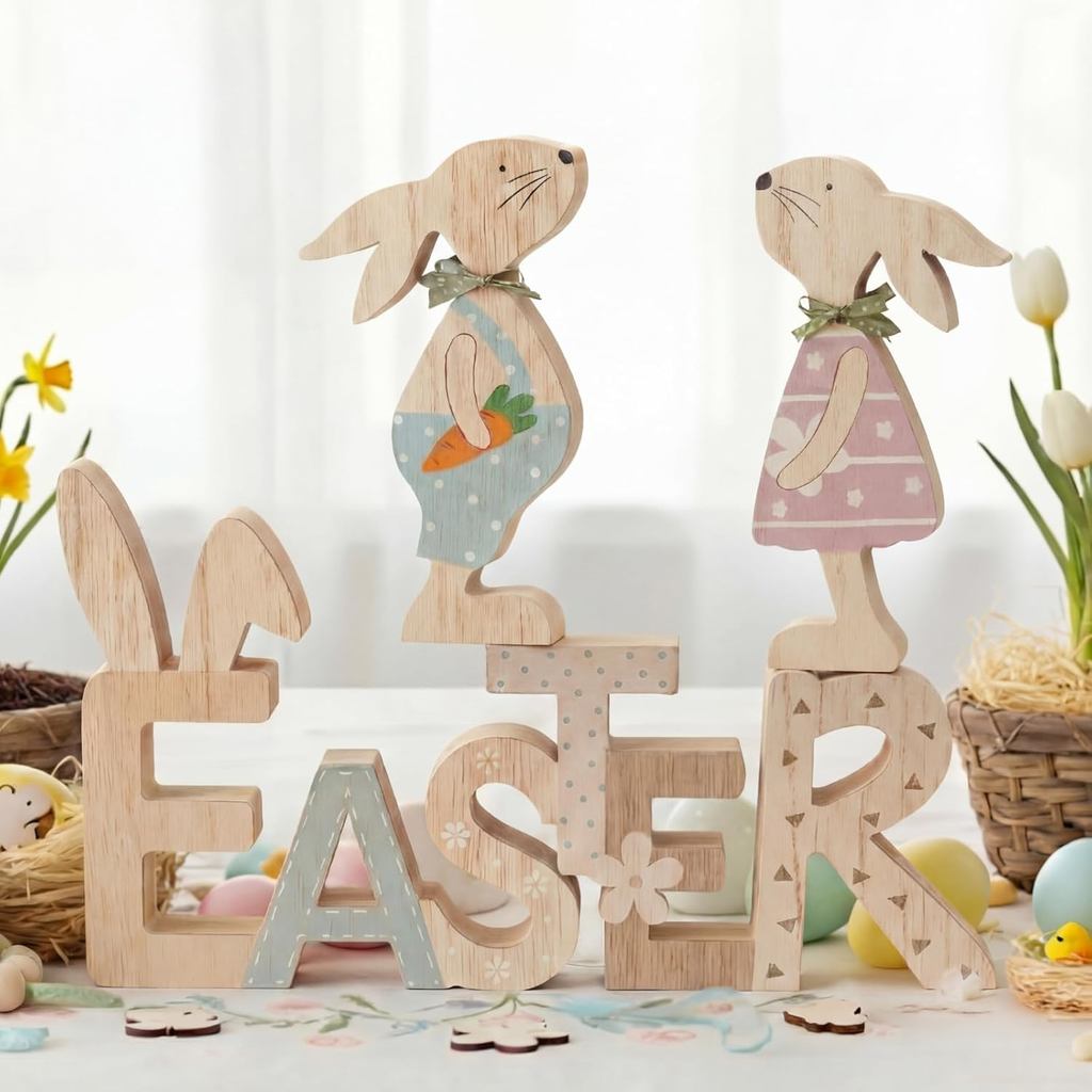 Yousoontic 3 Pcs Wooden Easter Bunny Sign Rustic Farmhouse Easter Bunny Table Decor Cute Spring Tiered Tray Decorations