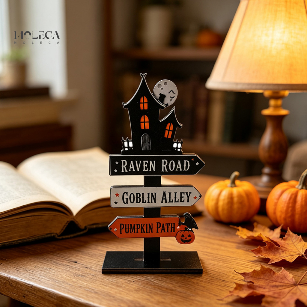 Halloween Wooden Table Decorations Tabletop Signs for Decor – 2d Moon Black Cat Pumpkin Figurines Spooky Fall for Shel