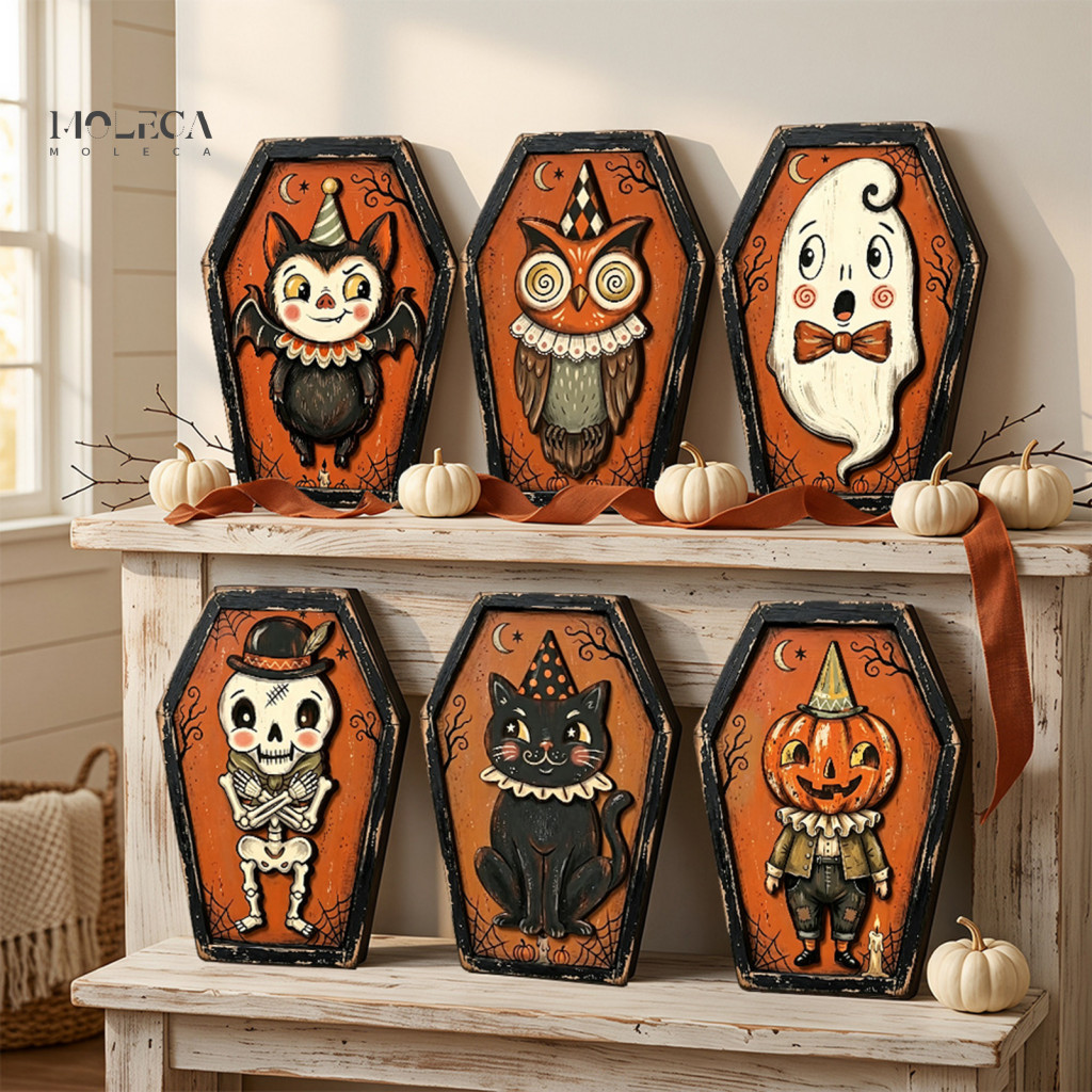 Seasonal Tiered Tray Accents Halloween Wooden Table Decorations Vintage Decor Cat Mummy Skeleton Figurines Fall Farmhous